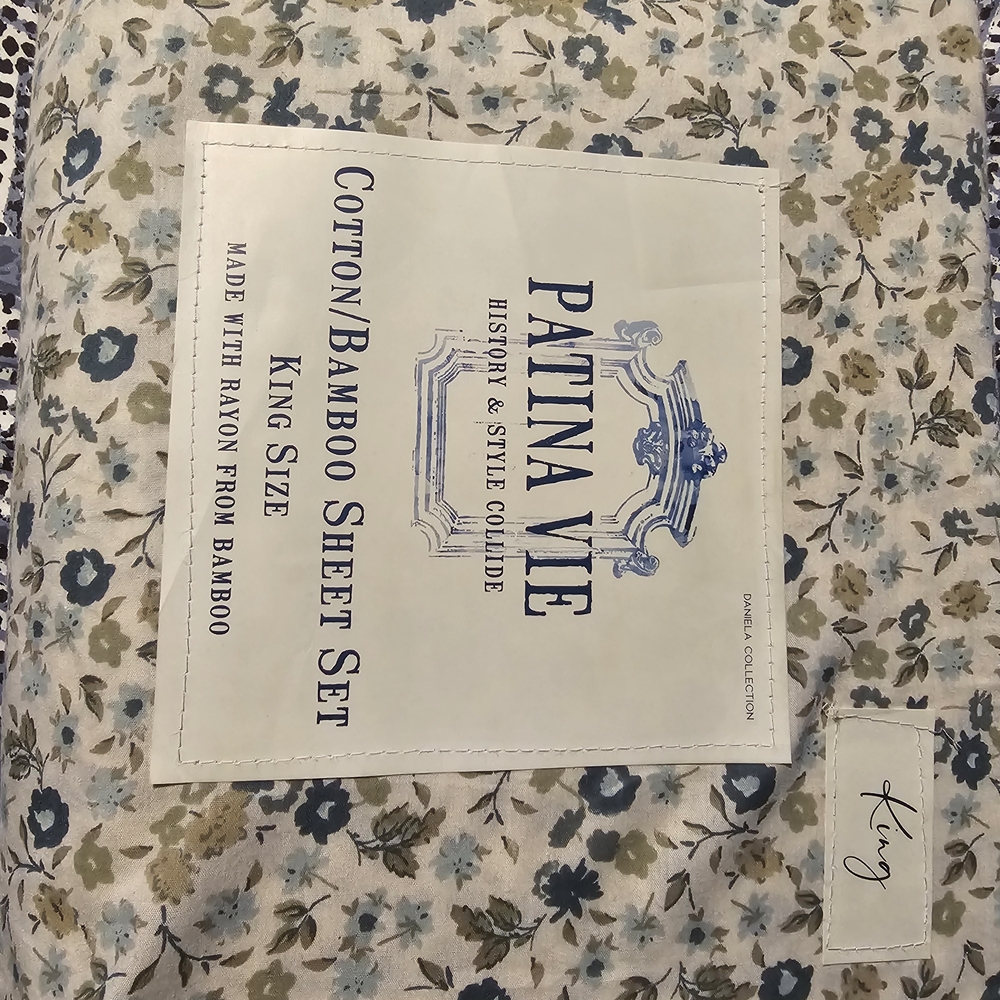 Cotton Bamboo Sheet Set - King Size, Floral Cream and Blue